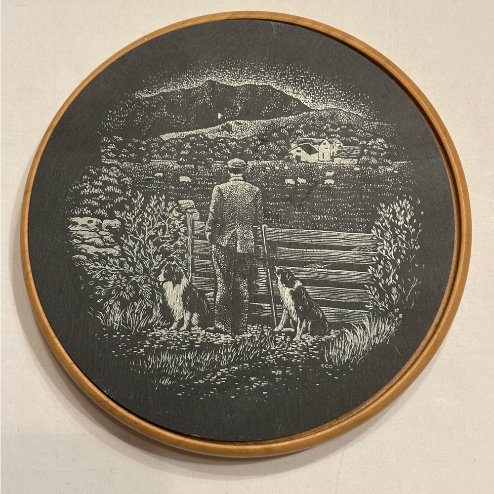 Slate and Wood Plaque Man and His Dogs Made in Cumbria England 6in Round